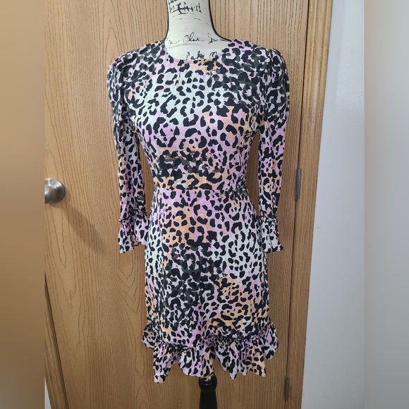 Veronica Beard Tamar Leopard Print Watercolor Ruffle Sleeve Mini Dress Silk - Picture 2 of 4
